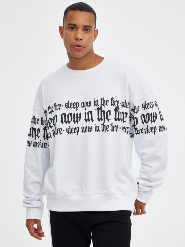 Hoodless sweatshirt with text white middle front view