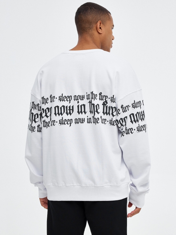 Hoodless sweatshirt with text white middle back view
