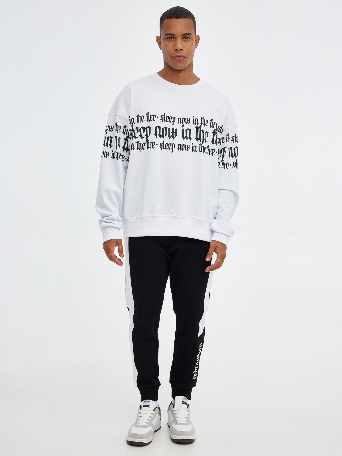 Hoodless sweatshirt with text white front view