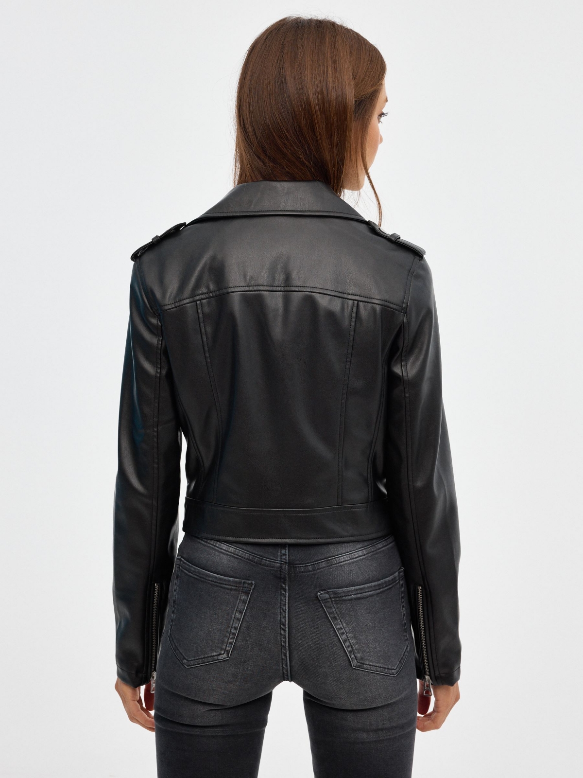 Biker jacket with lapel black middle back view