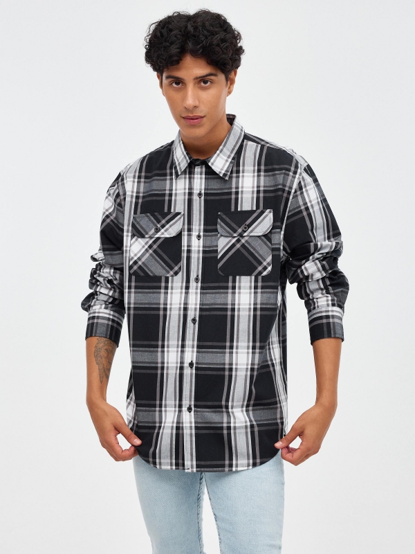 Plush plaid shirt black middle front view