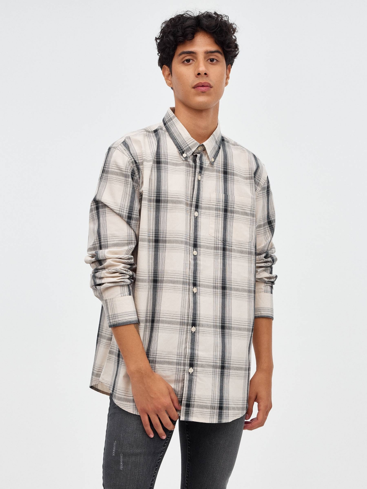 Plaid shirt with pocket beige middle front view