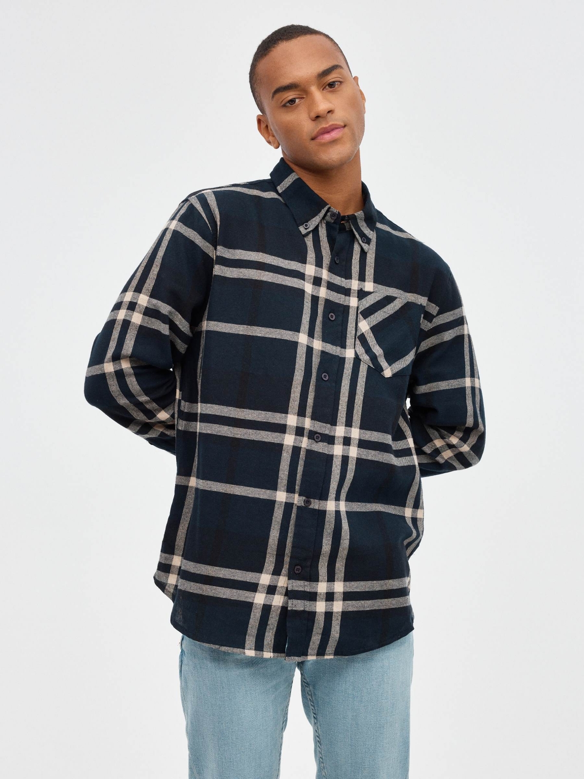 Checked flannel shirt blue middle front view