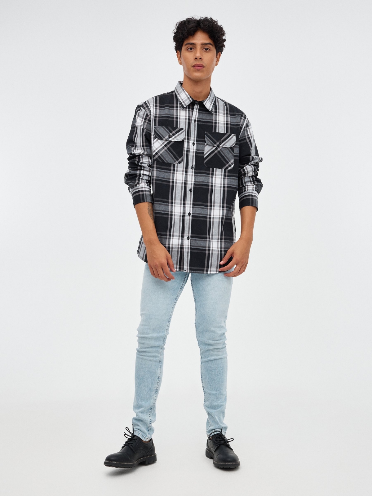 Plush plaid shirt black front view