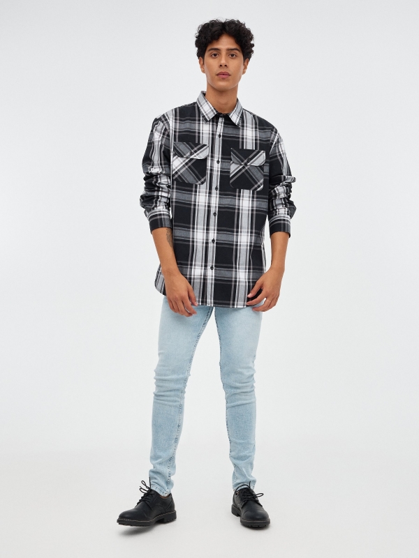 Plush plaid shirt black front view