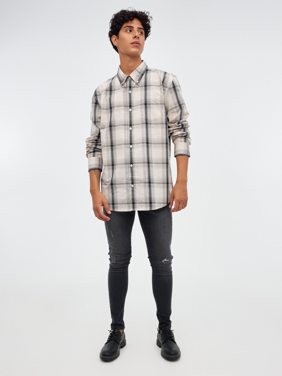 Plaid shirt with pocket beige front view