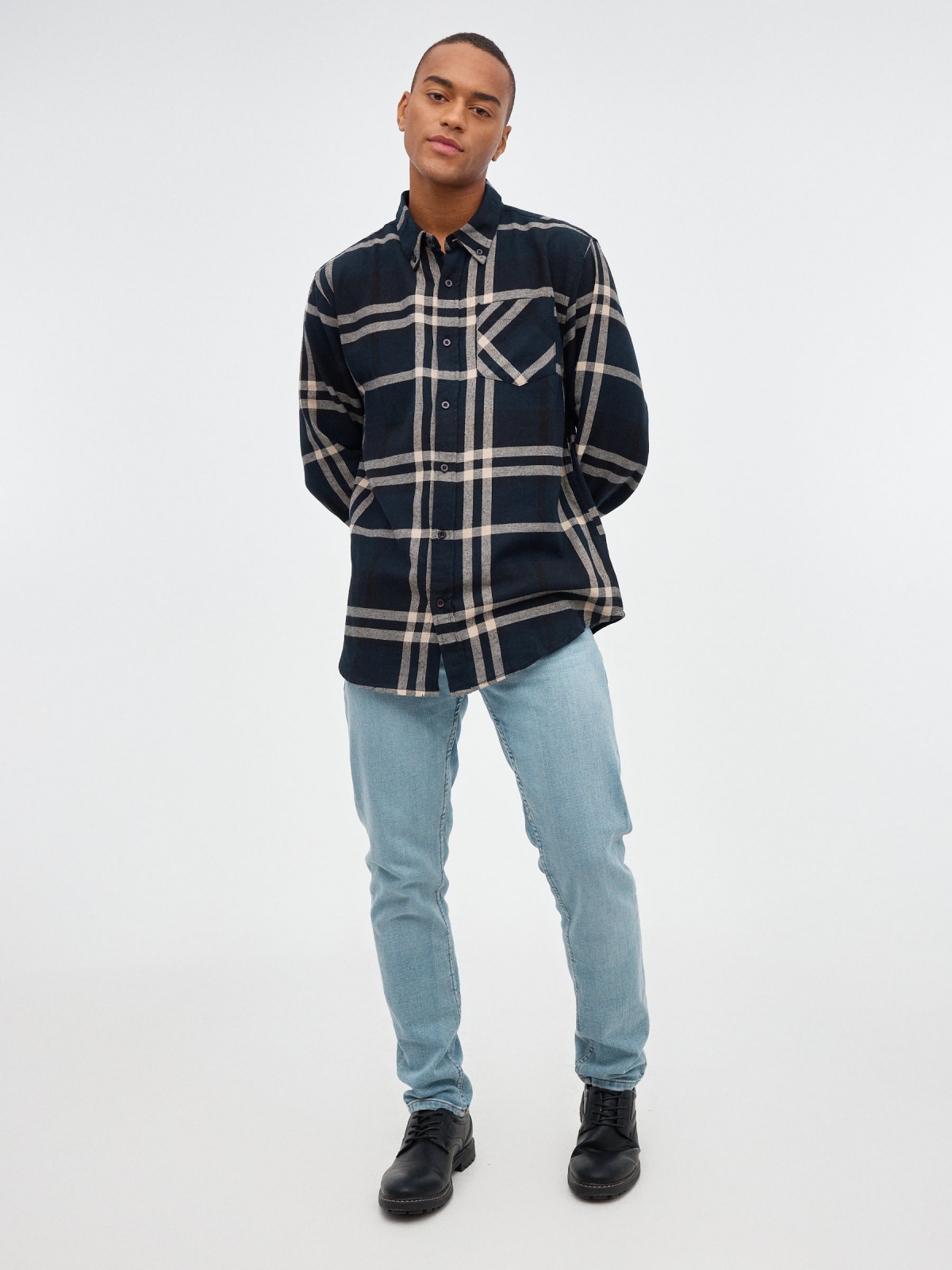 Checked flannel shirt blue front view