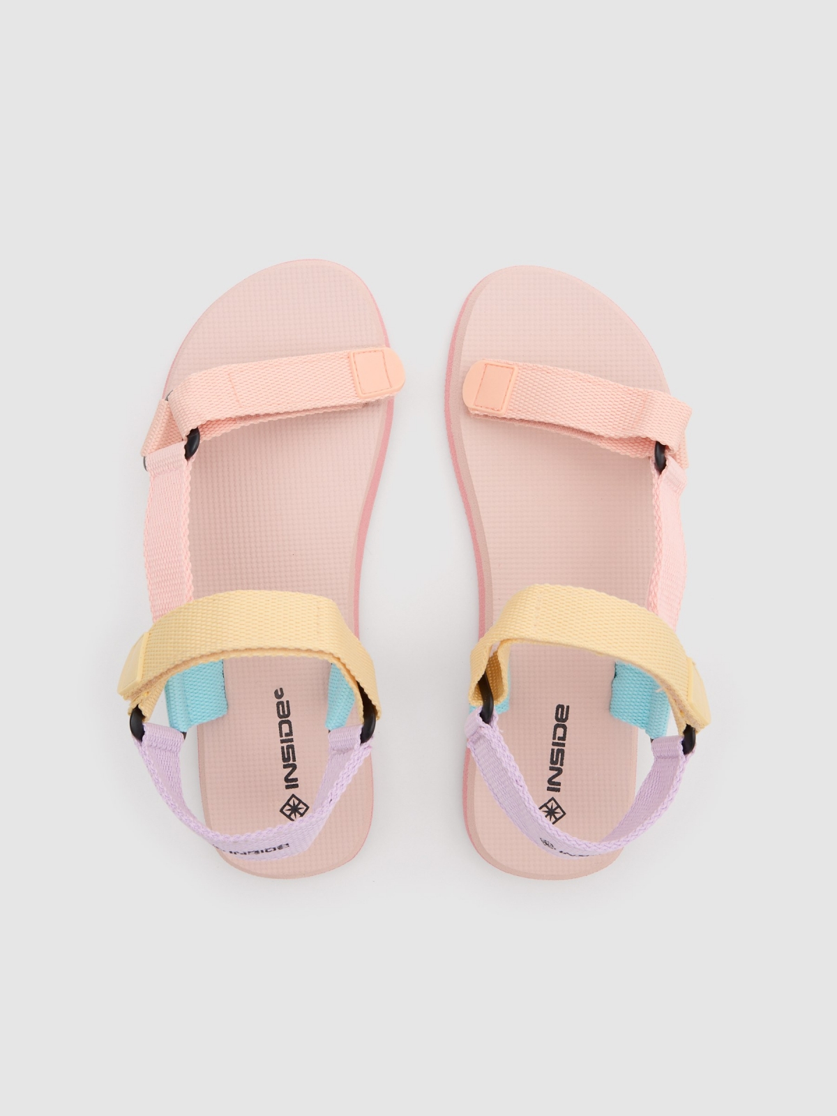 Velcro flip flops with pastel strips multicolor 45º back view