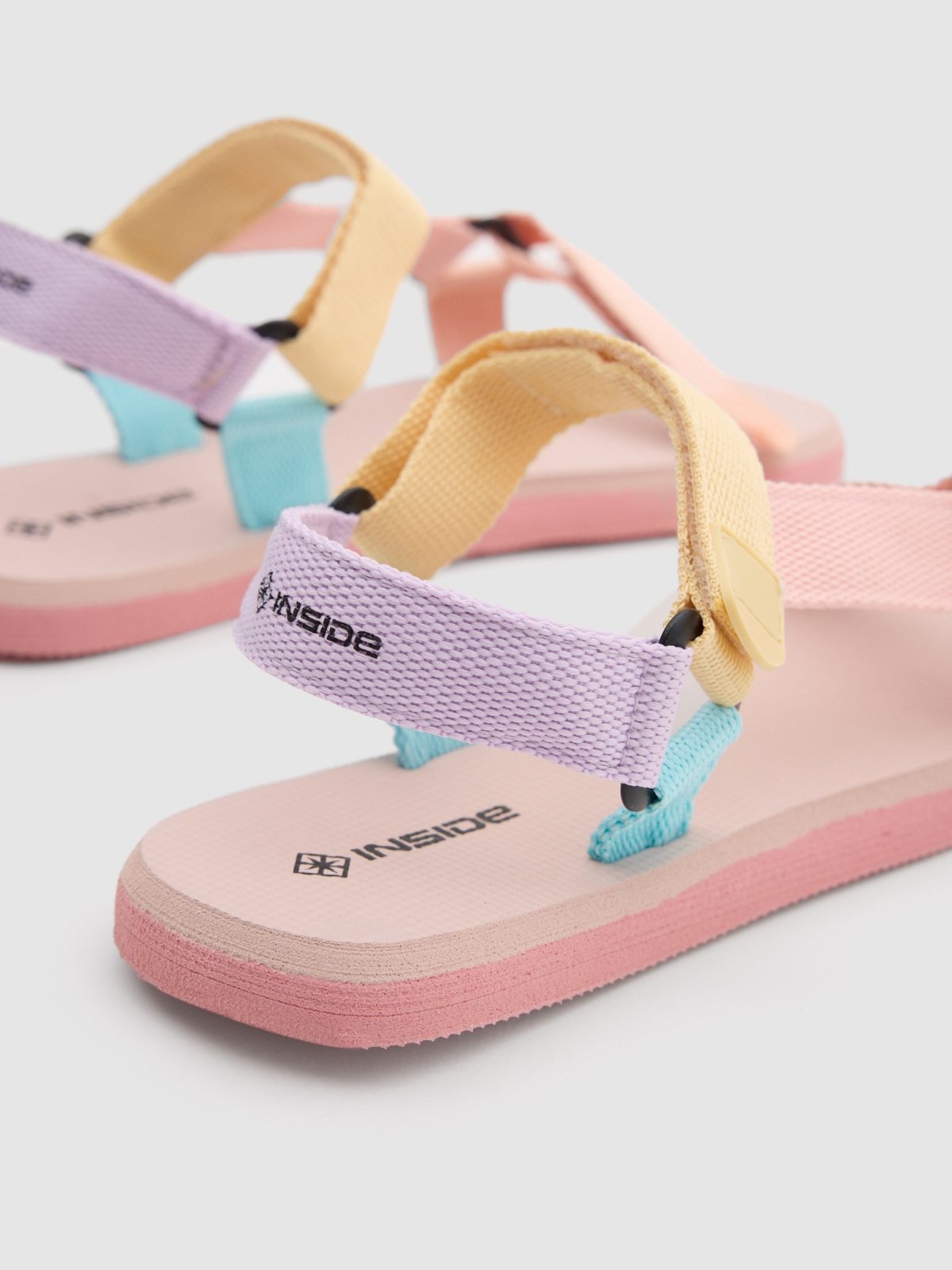 Velcro flip flops with pastel strips multicolor detail view