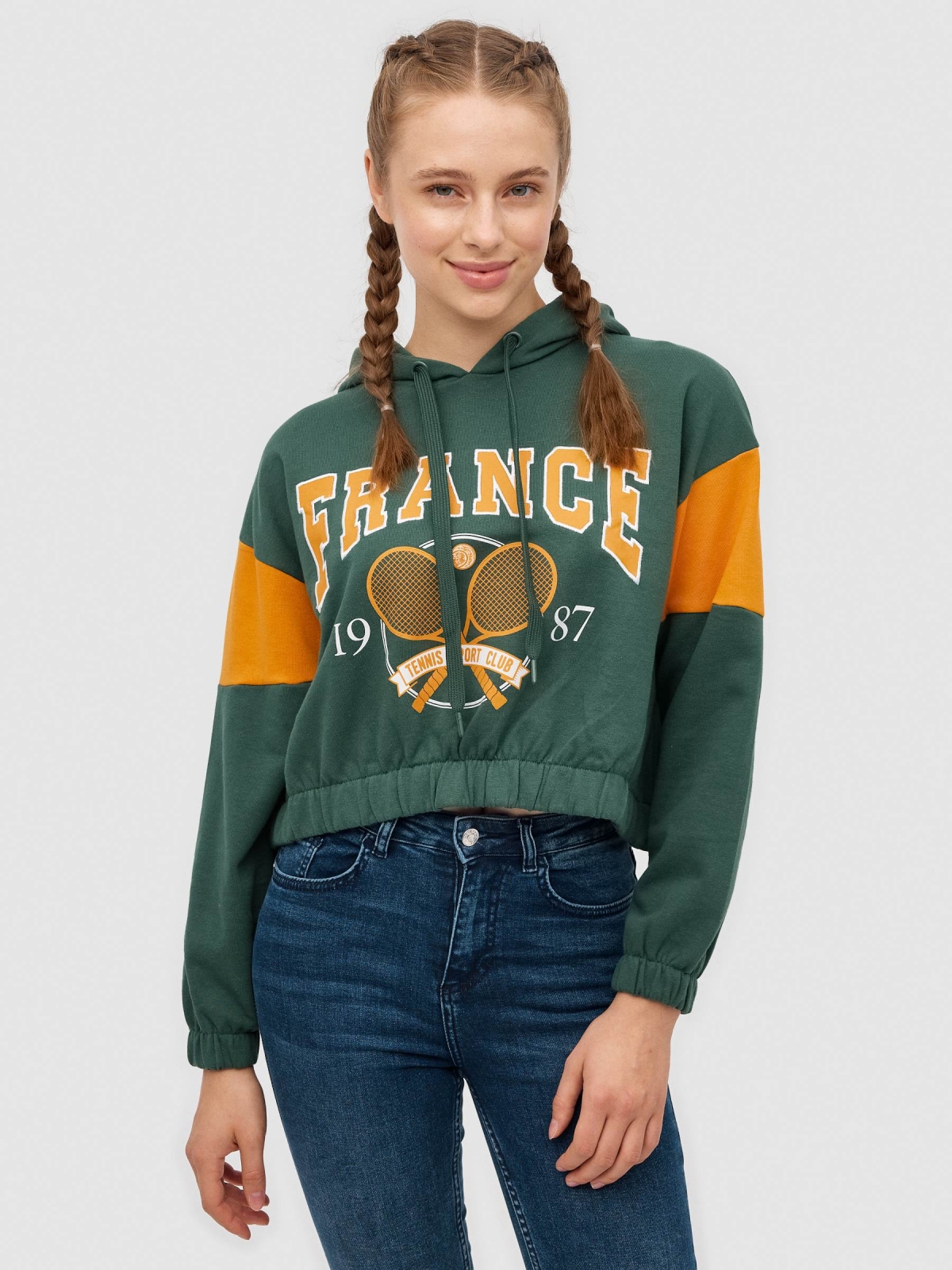 France crop sweatshirt dark green middle front view