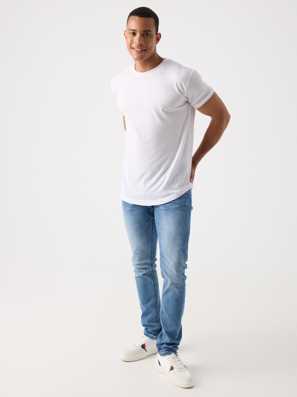 Blue washed effect slim jeans steel blue front view