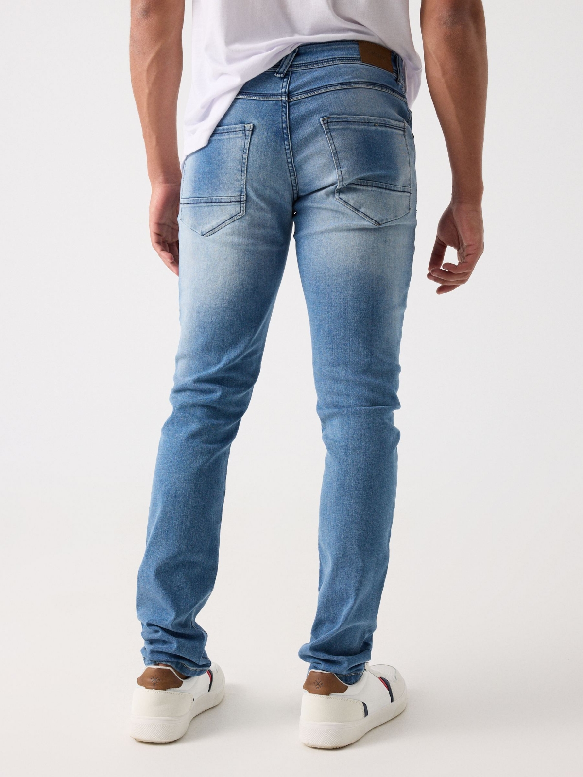 Blue washed effect slim jeans steel blue middle back view