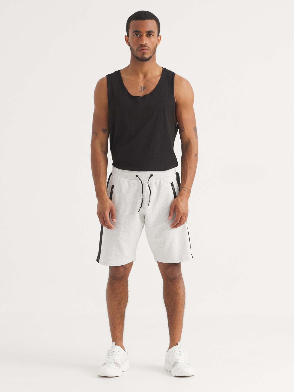 Combined panels jogger shorts grey front view