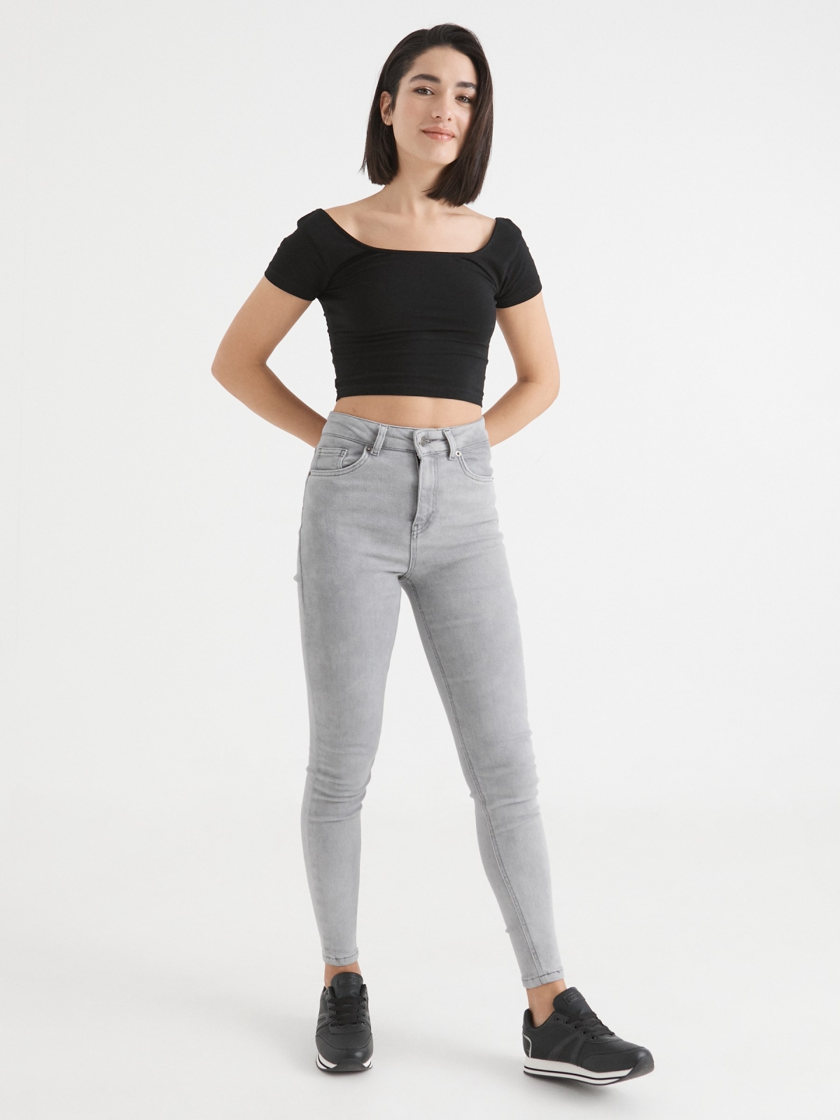 Washed gray high waisted skinny jeans light grey front view