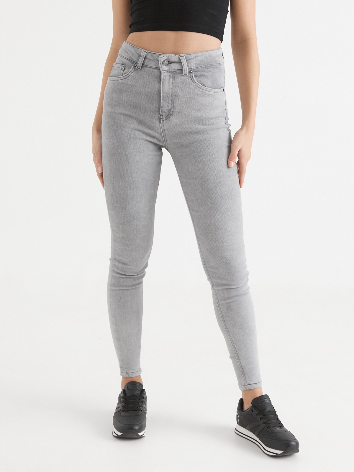 Washed gray high waisted skinny jeans light grey middle front view