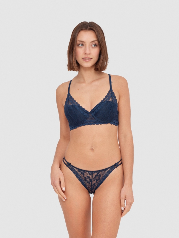 Blue lace bra navy middle front view