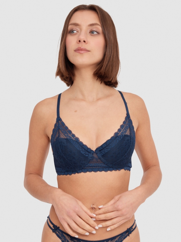 Blue lace bra navy front view