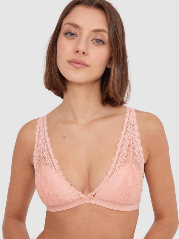 Pink lace bralette pink front view