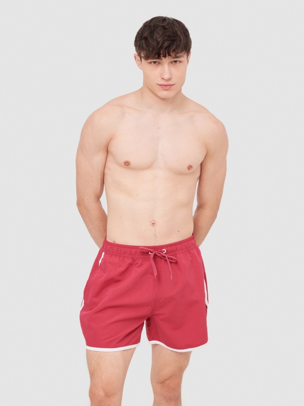 Contrast trim short swimsuit red middle front view