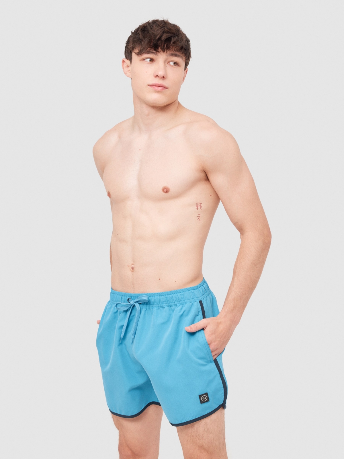 Contrast trim short swimsuit blue middle front view