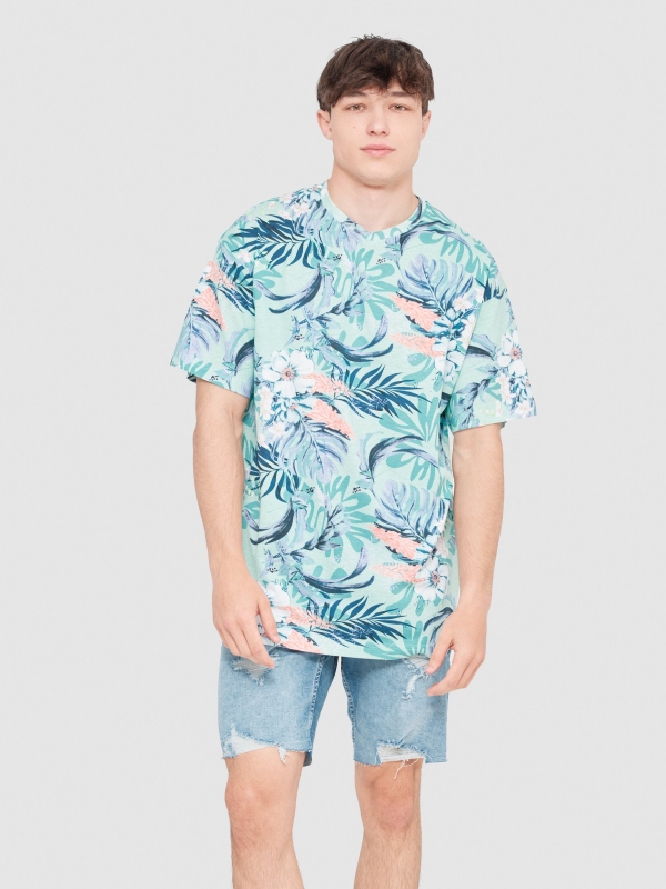 Camiseta oversize hawaiana verde vista media frontal