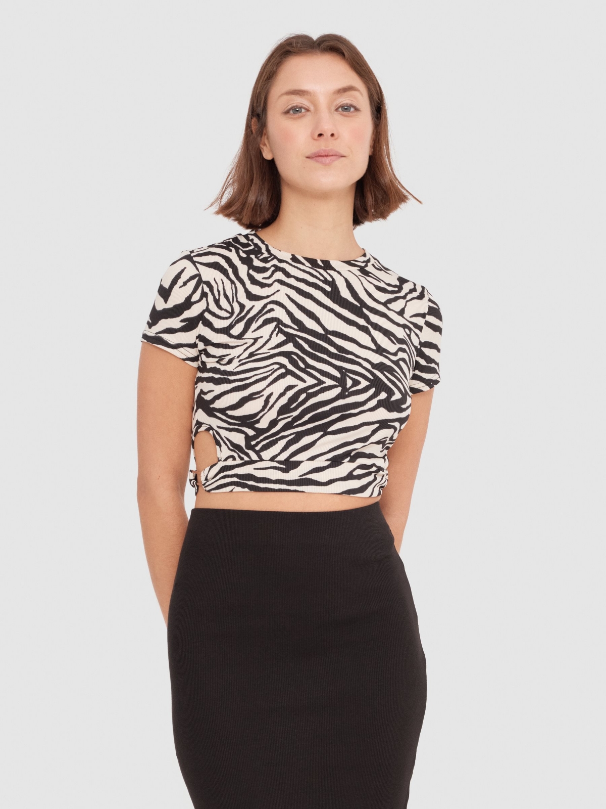 Animal print crop top with cut out beige middle front view