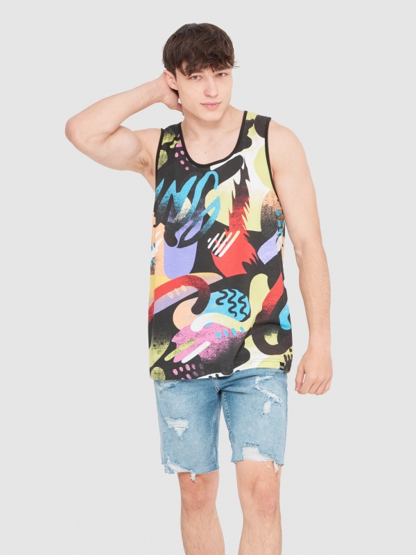 Graffiti stains tank top black middle front view