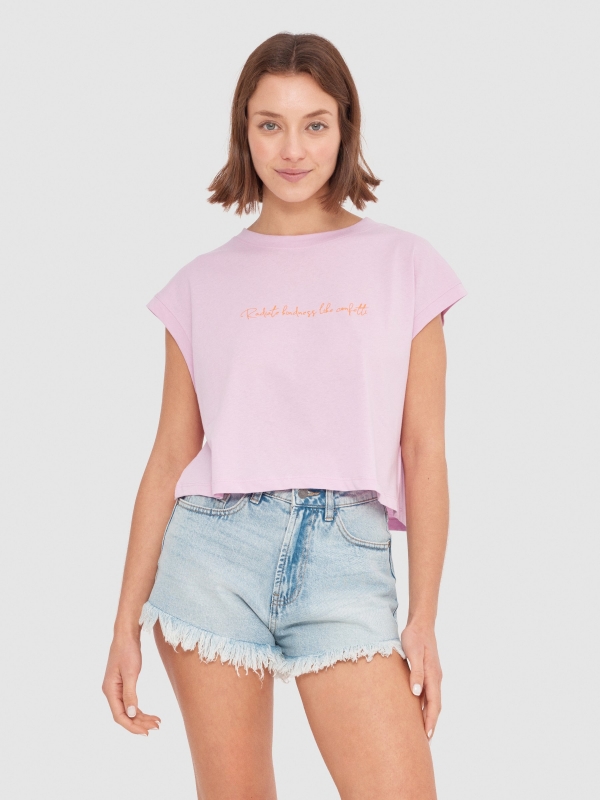 Message crop top magenta middle front view