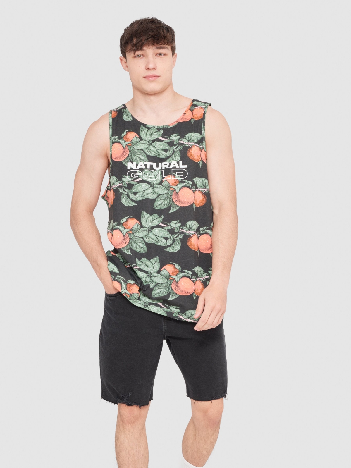 Fruit print tank top black middle front view