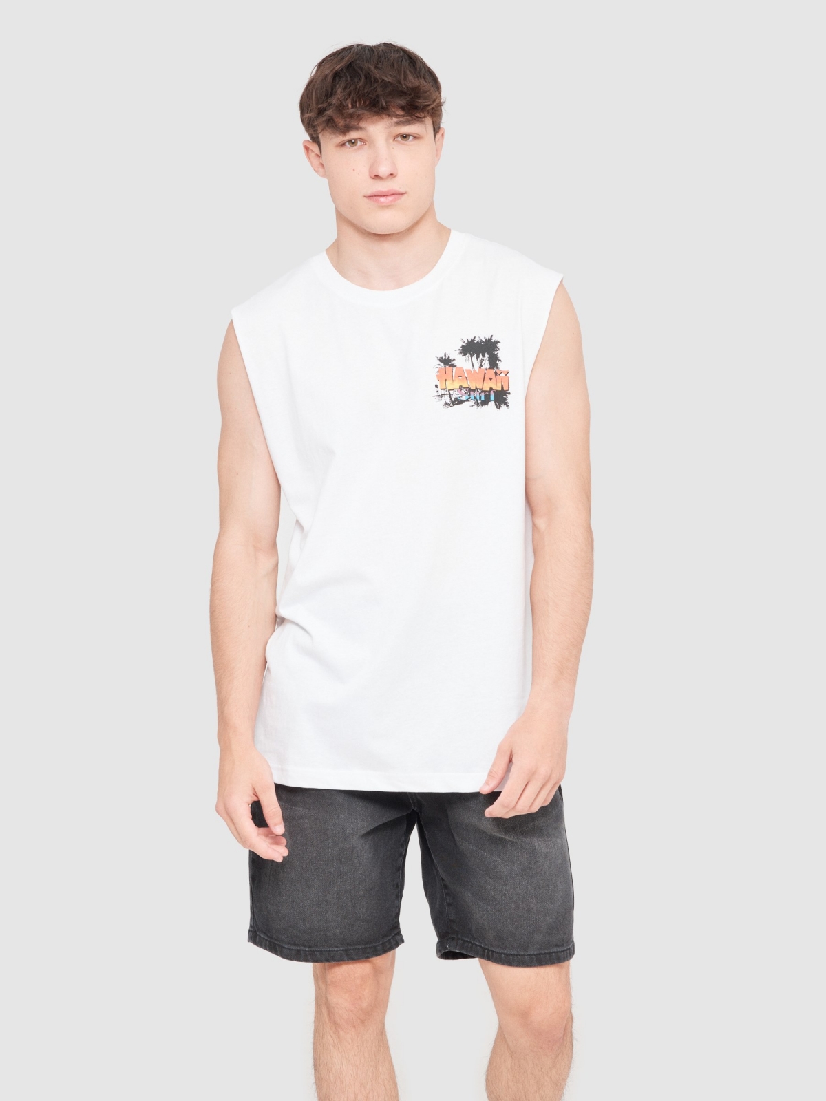 Camiseta desmangada Hawaii blanco vista media frontal