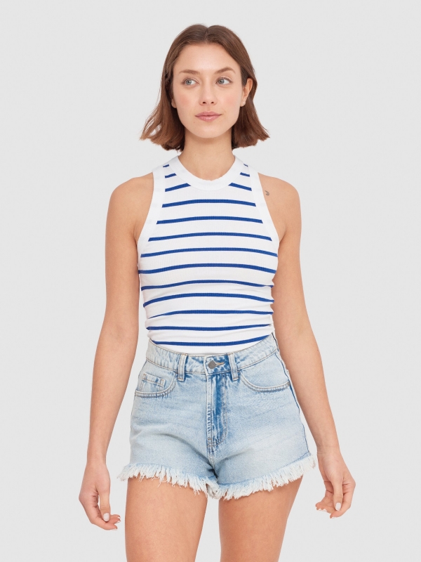 Sleeveless striped top blue middle front view