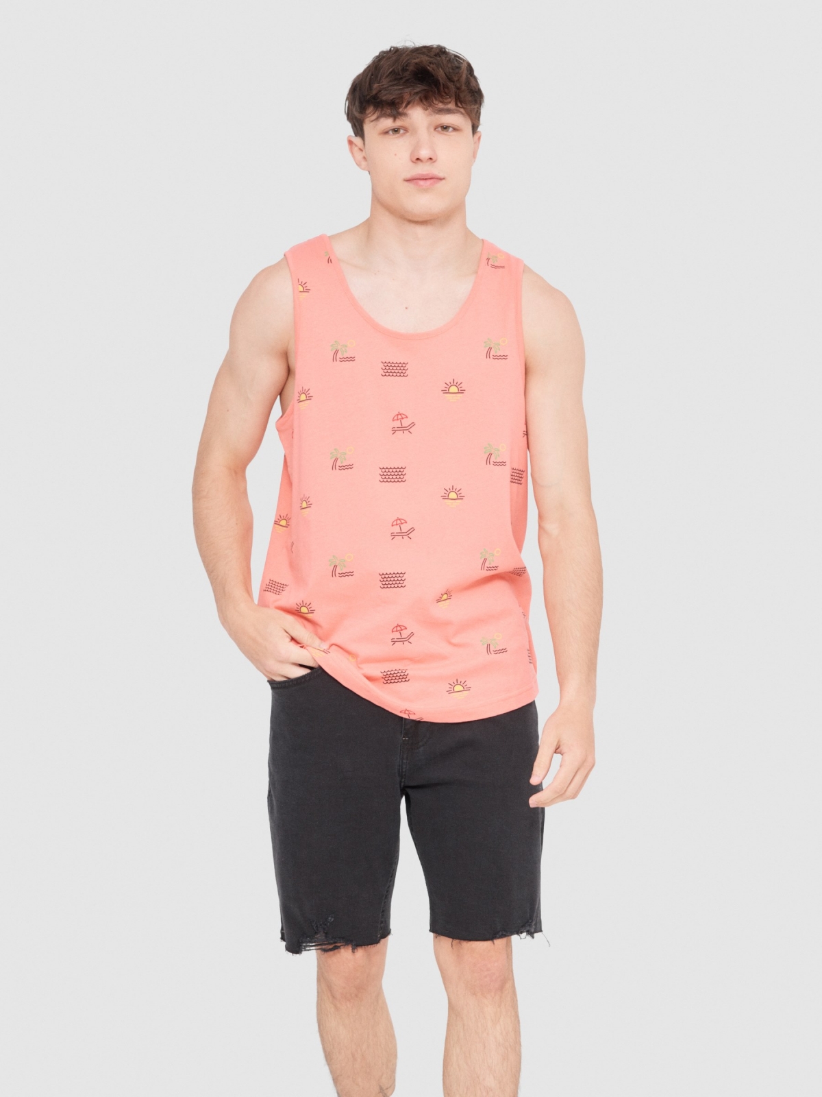 Camiseta de tirantes tropical rosa vista media frontal