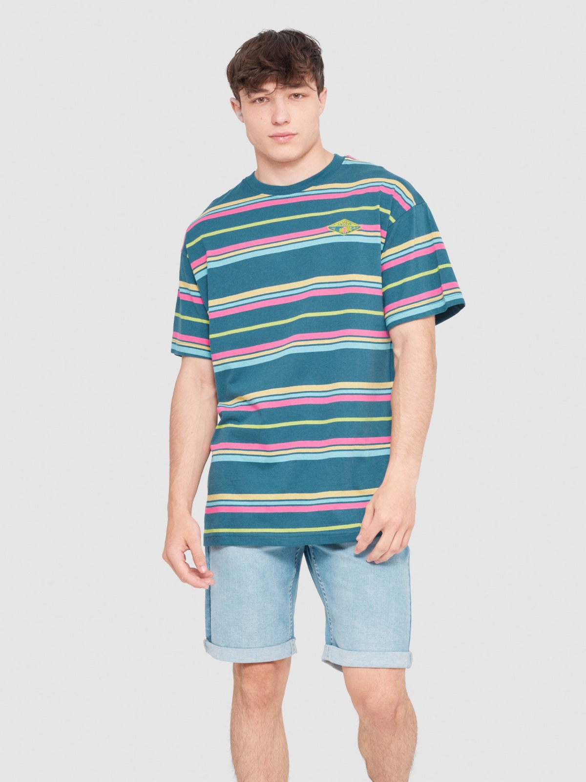 Oversize T-shirt with coloured stripes petrol blue middle front view