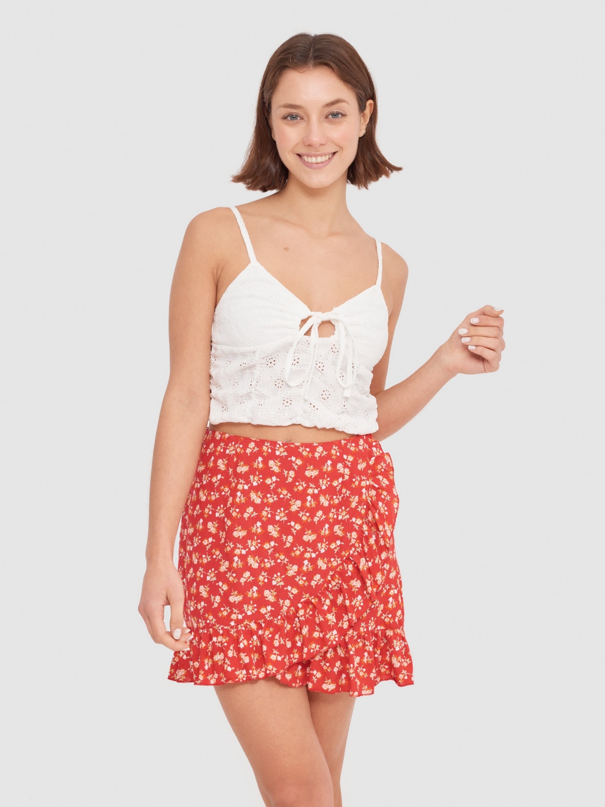 Mini pareo ruffled skirt red middle front view
