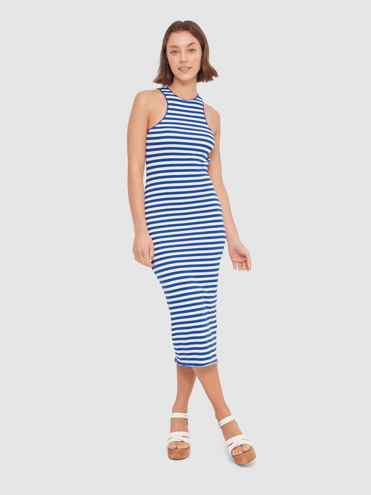 Striped fitted midi dress electric blue middle front view