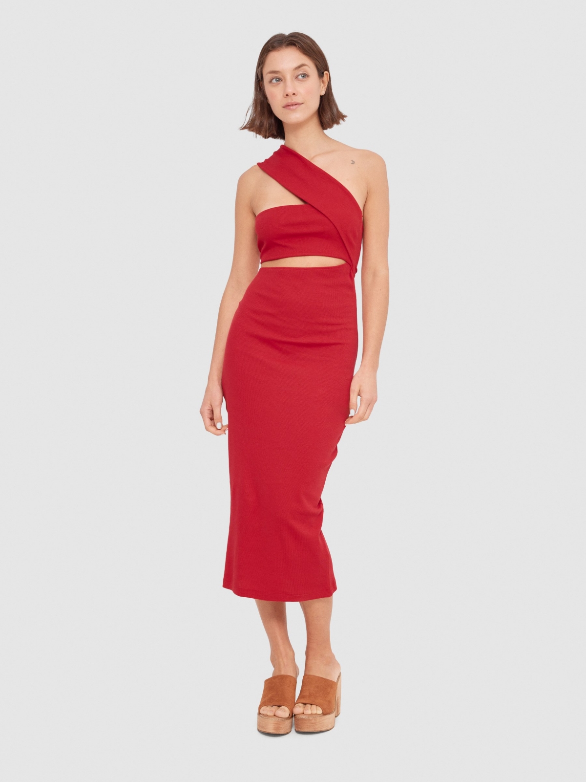 One asymmetric strap midi dress red middle front view