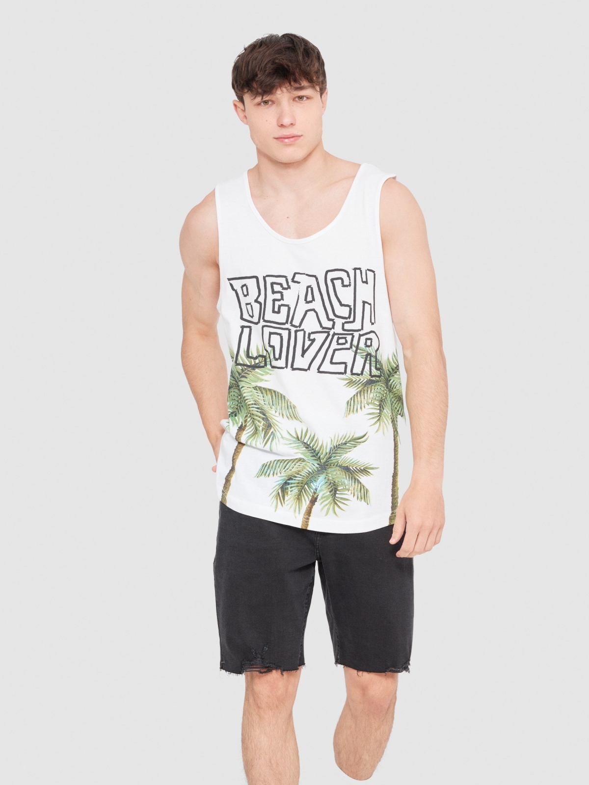 Camiseta tirantes Beach lover blanco vista media frontal