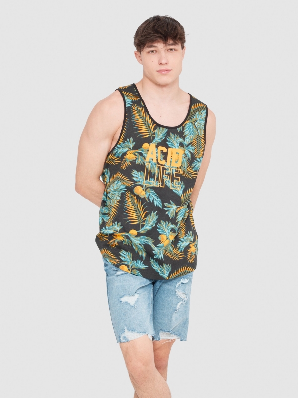 Tropical leaves tank top black middle front view