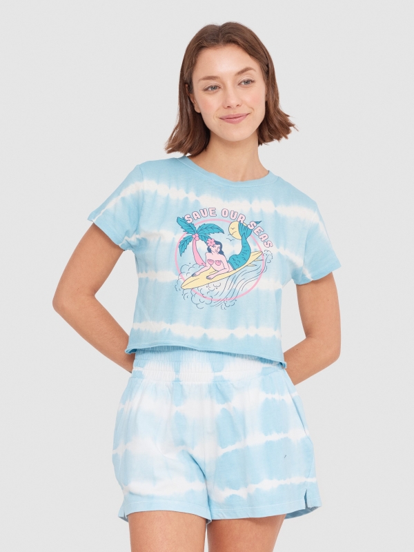 T-shirt Tie dye surfista sereia azul vista meia frontal