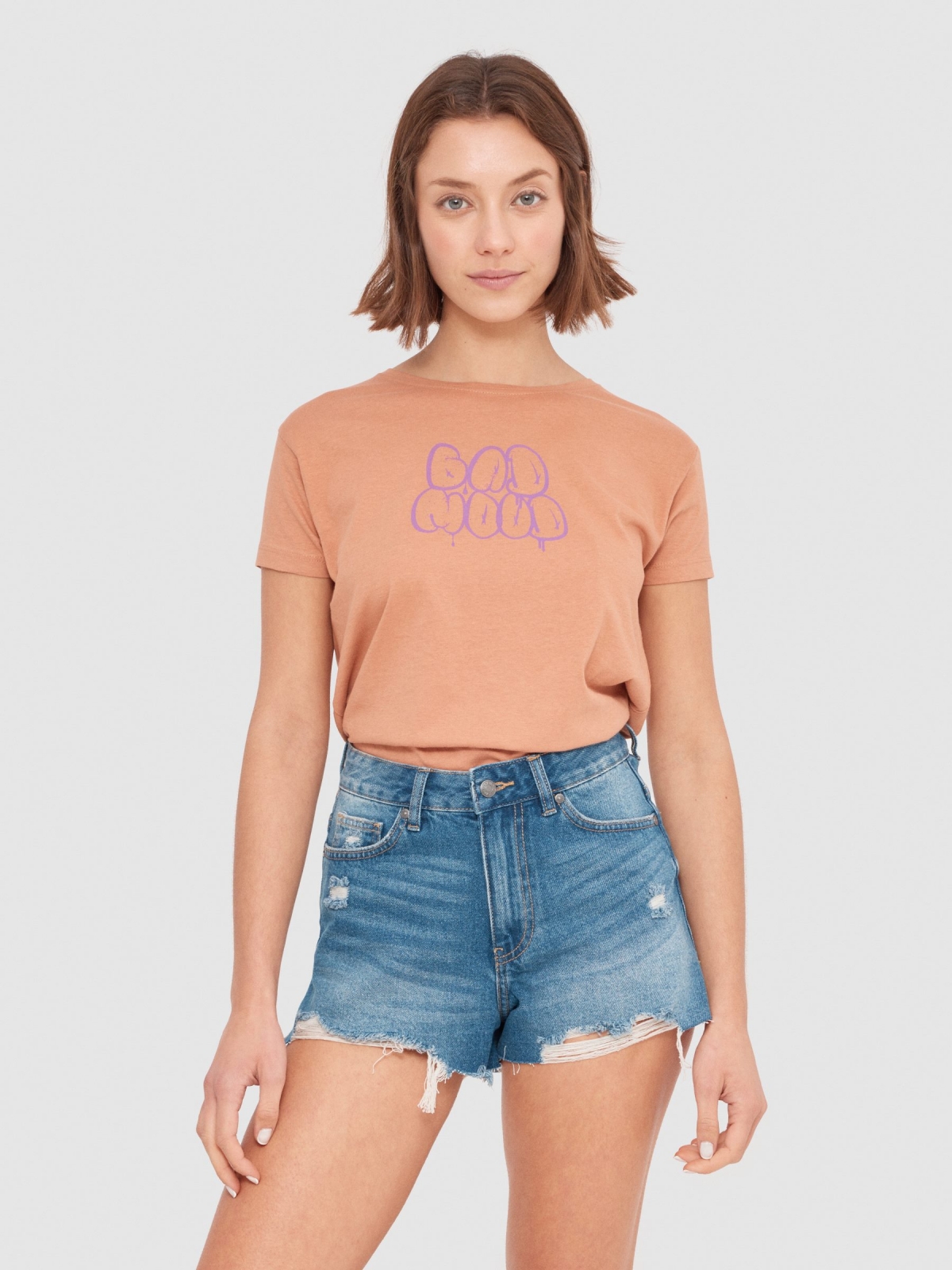 Bad Mood t-shirt light brown middle front view