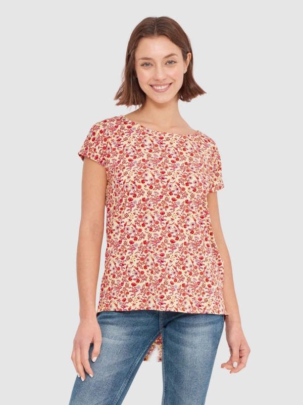 Floral sleeveless T-shirt. sand middle front view