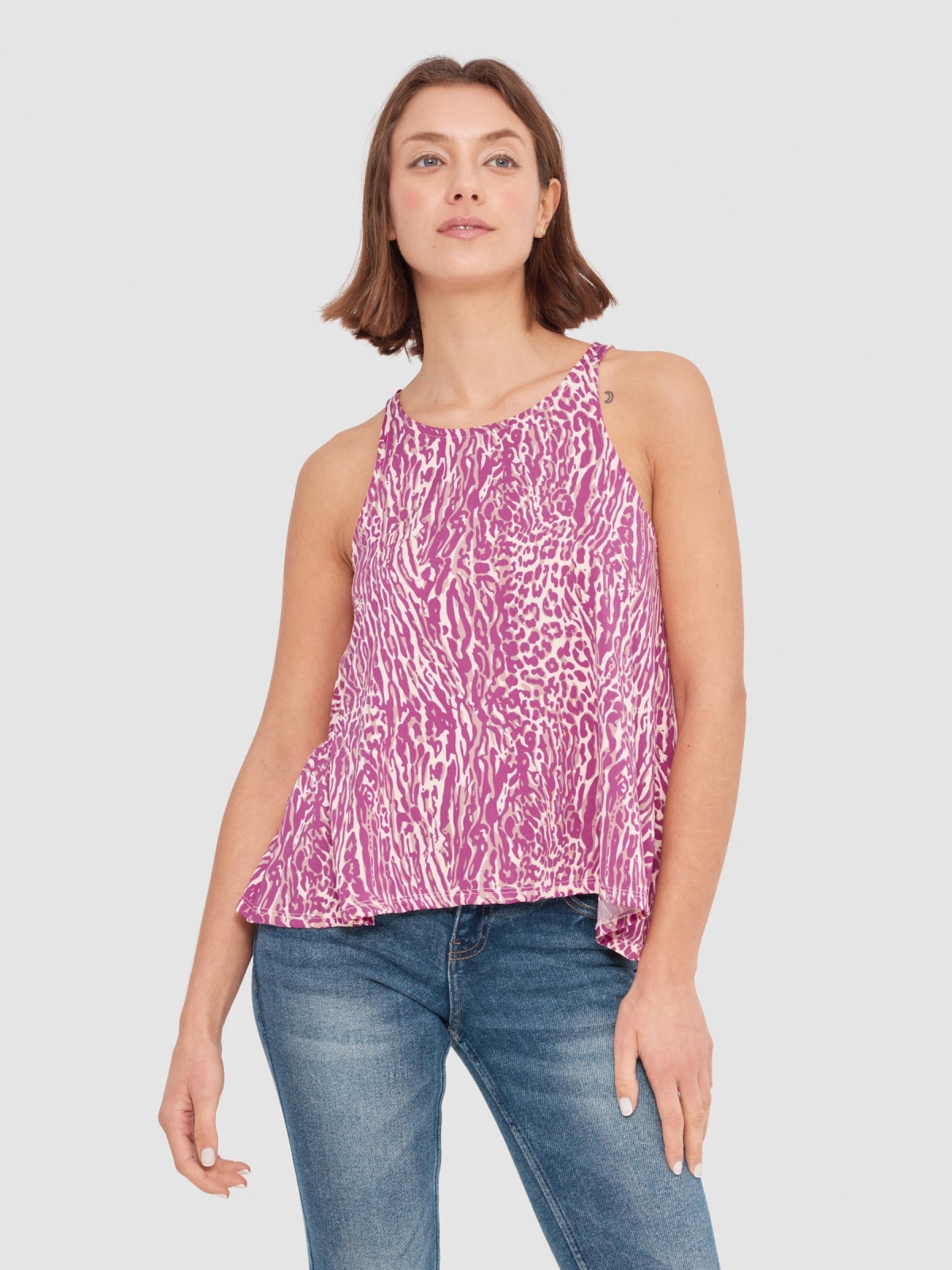 Flowing cross back t-shirt fuchsia middle front view