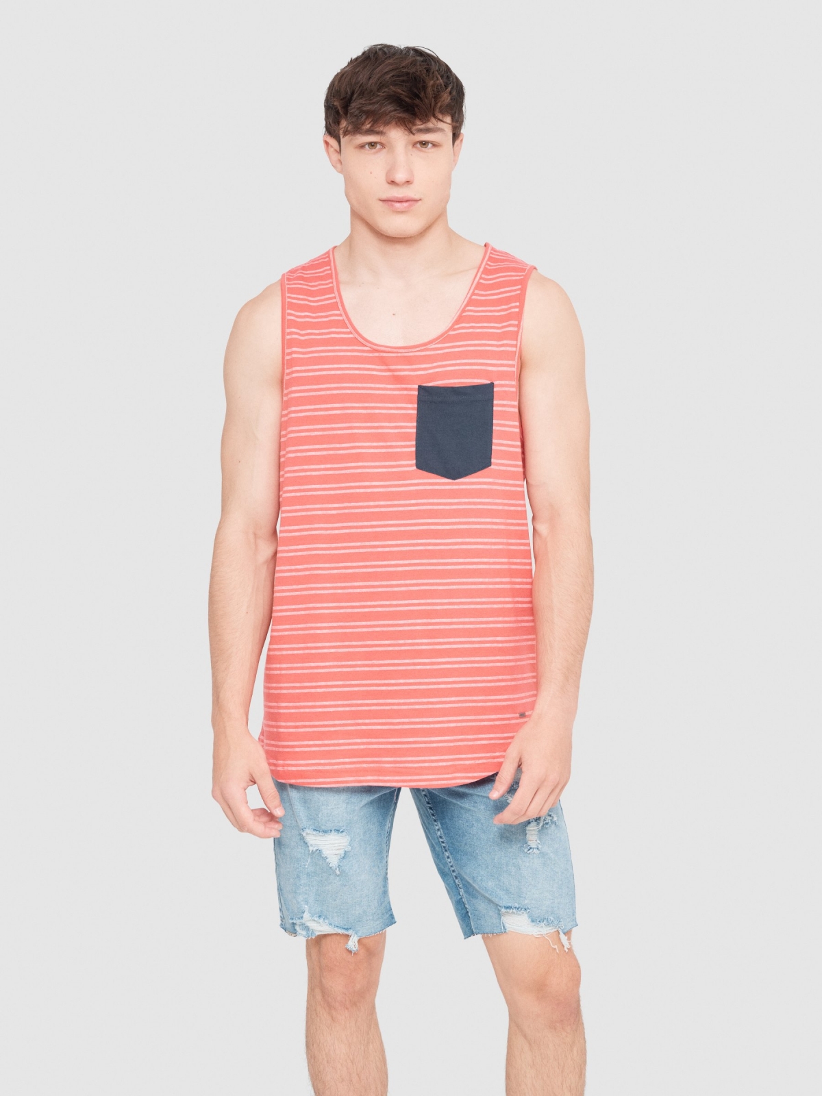 Striped T-shirt with pocket red middle front view