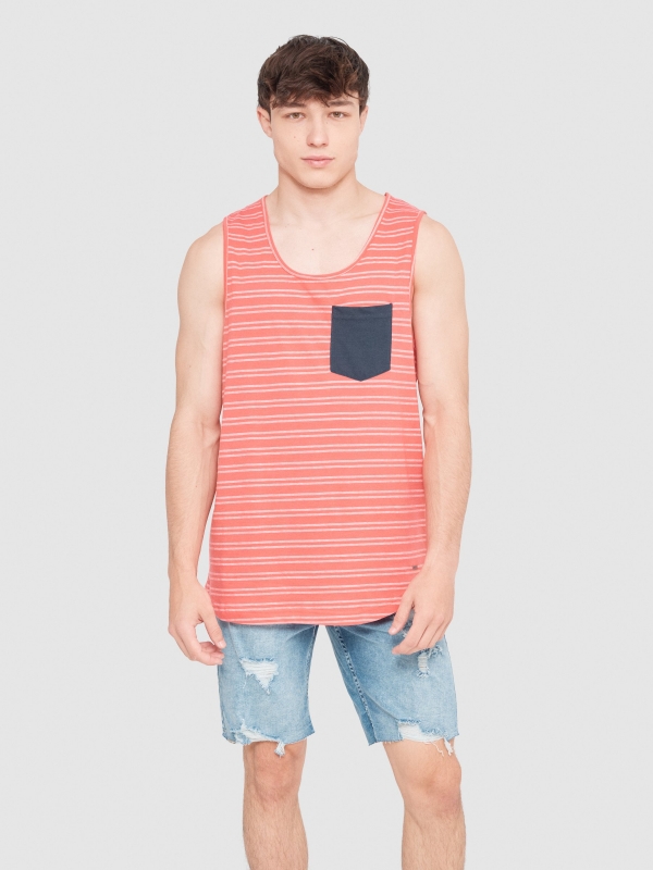 Striped T-shirt with pocket red middle front view