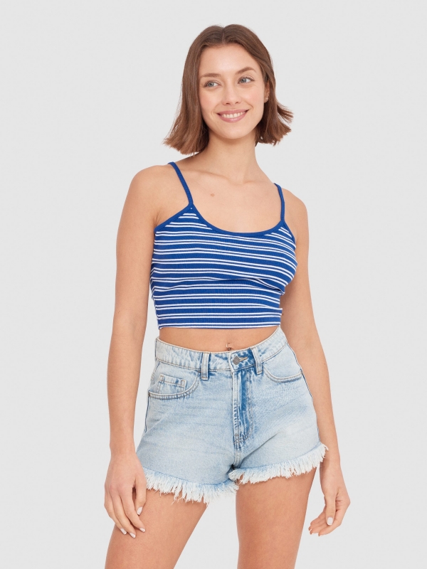 Striped rib top electric blue middle front view