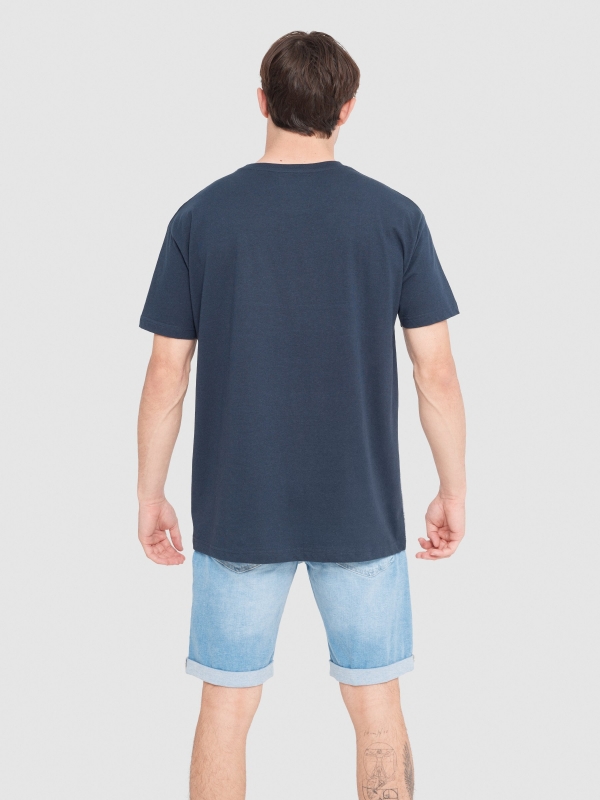 Textured T-shirt with pocket navy middle back view