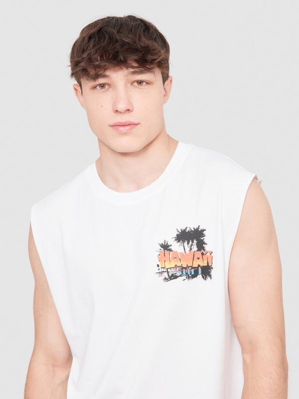 Camiseta desmangada Hawaii blanco vista detalle