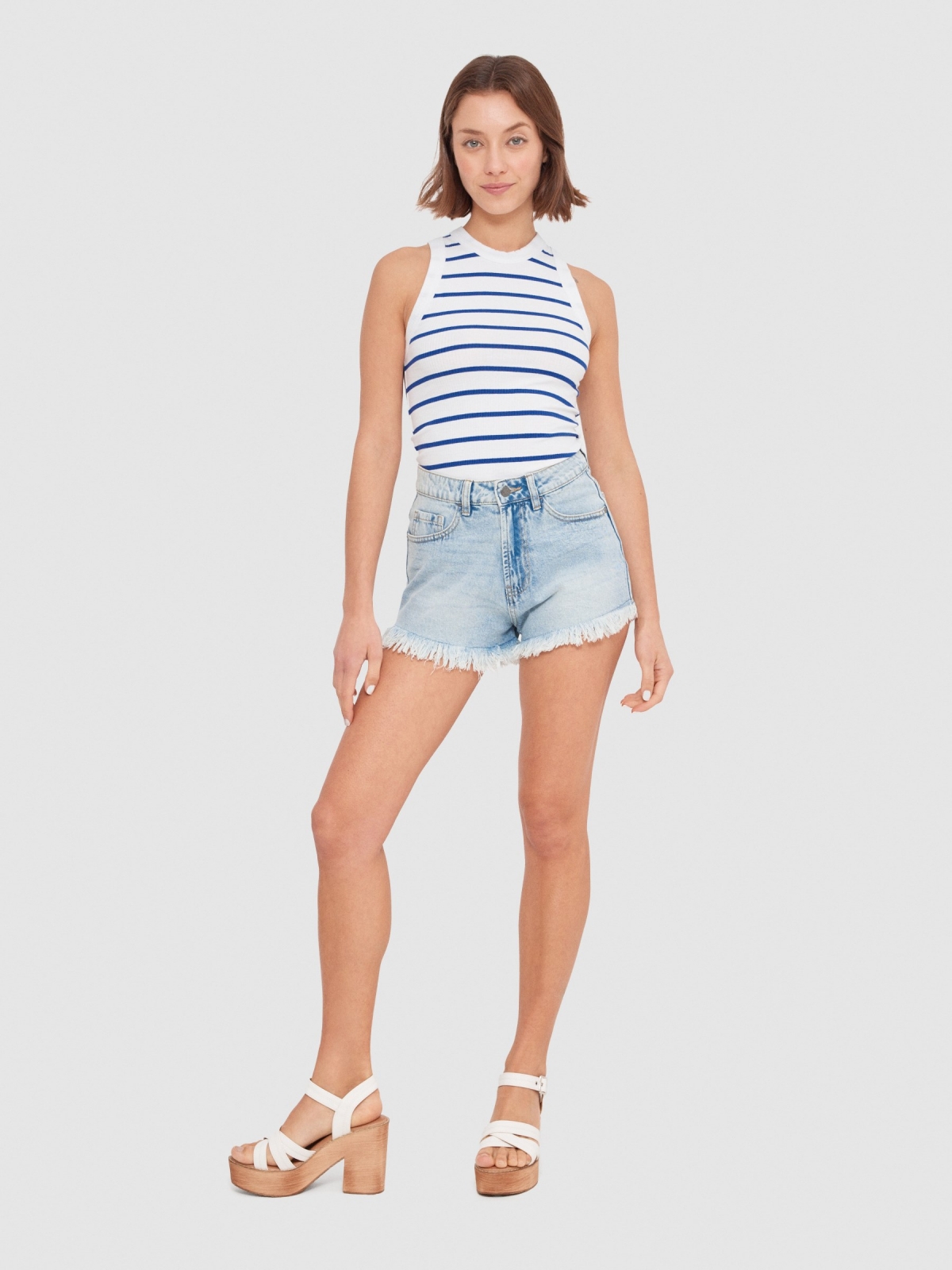 Sleeveless striped top blue front view