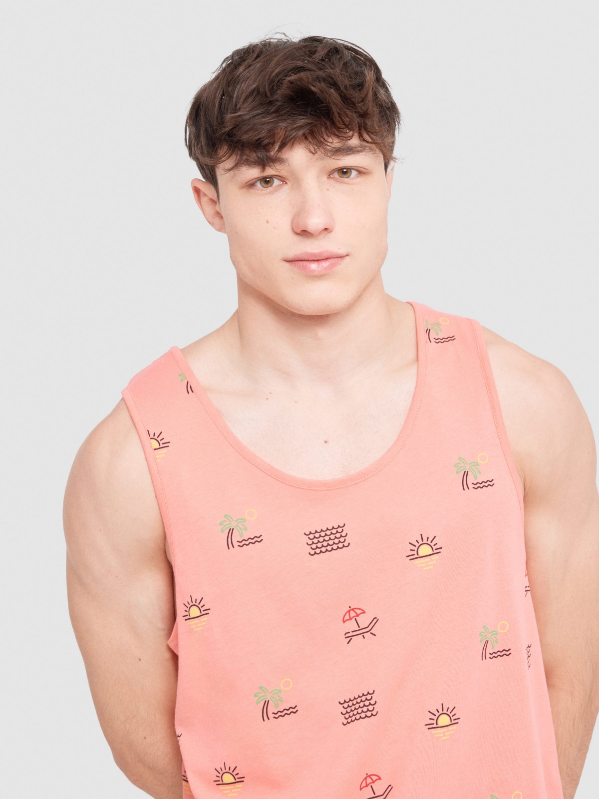 Camiseta de tirantes tropical rosa vista detalle