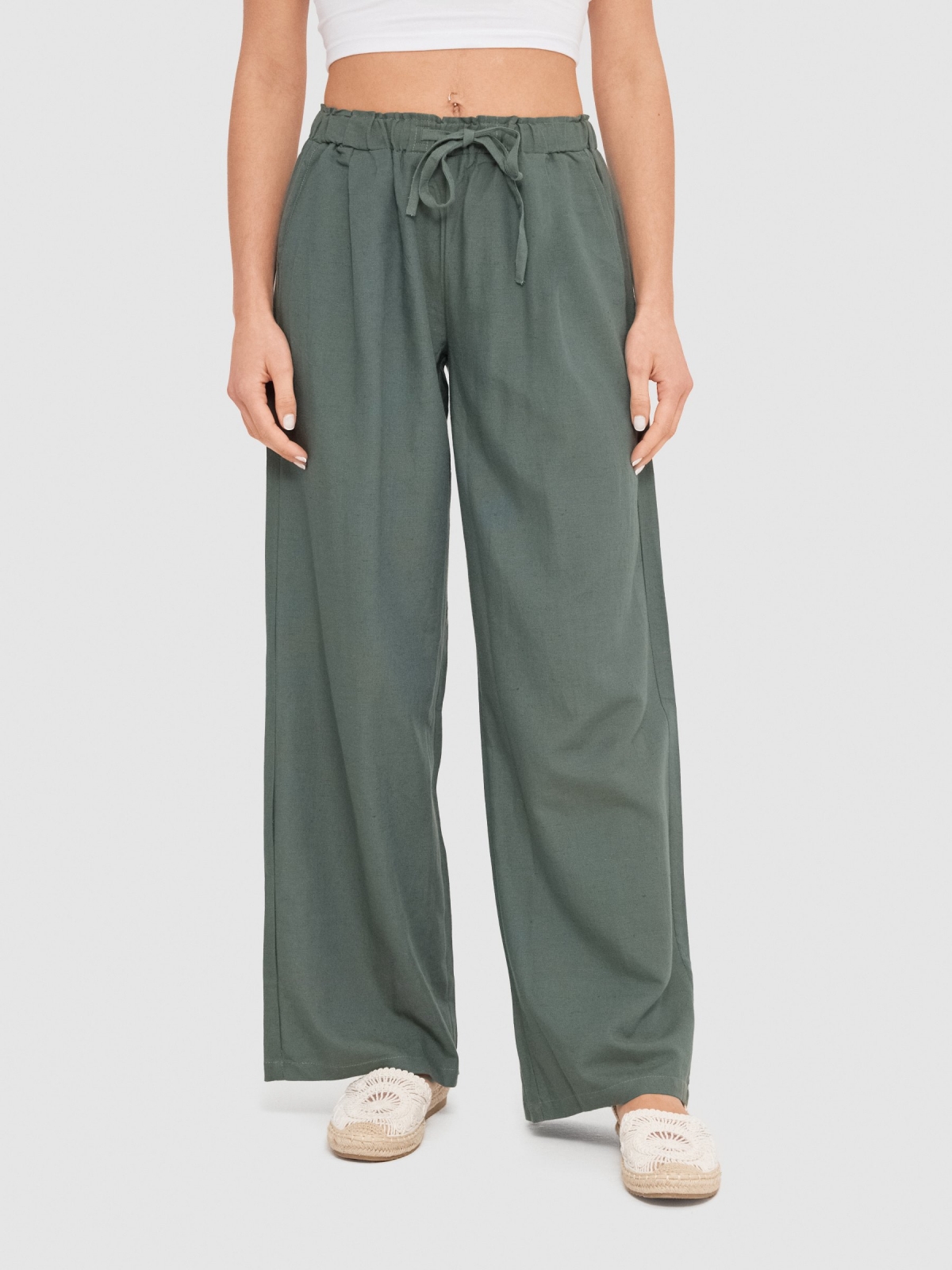 Wide-leg linen pants dark green middle front view
